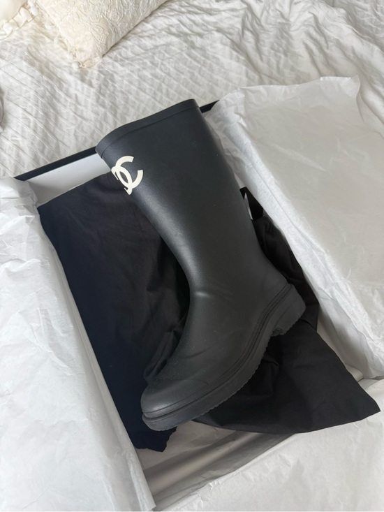 CHANEL Shoes - CHANEL Black Rubber Boots with White CC Emblem